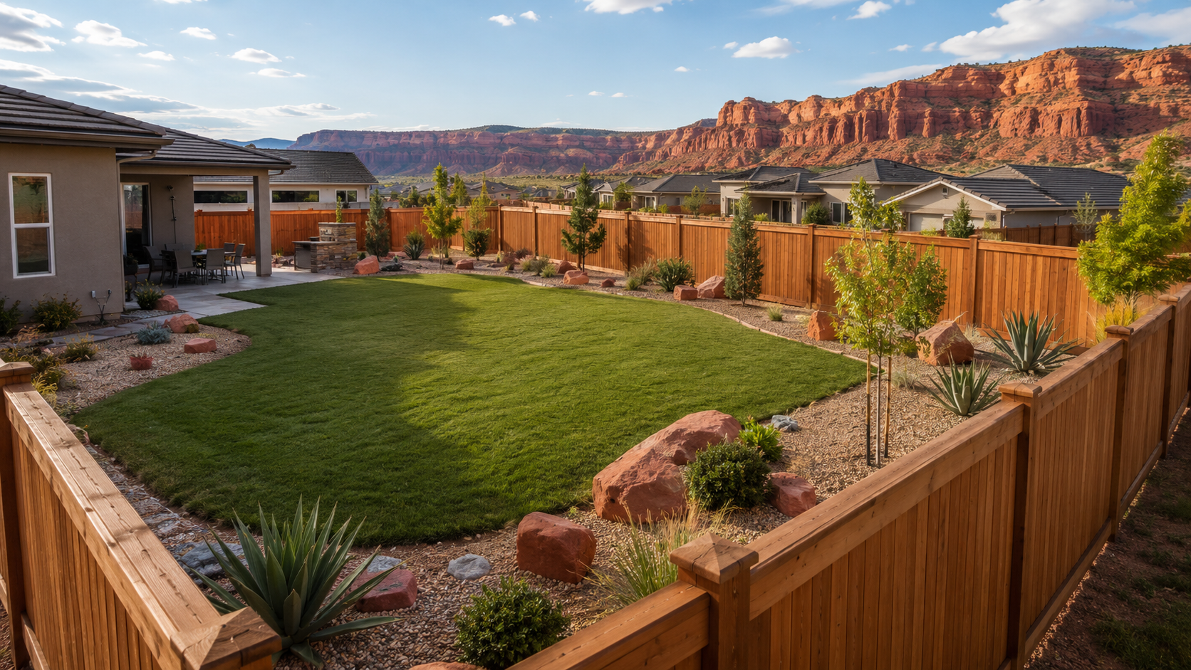 Warm residential backyard fence installation in Southern Utah with desert landscaping